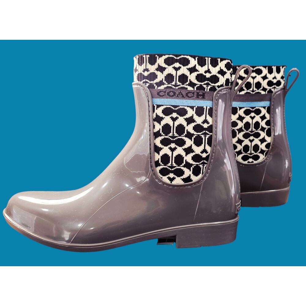 COACH Rivington Women’s 8 Rain Boots Heather Grey Signature Knit Logo Boots NEW - Picture 4 of 10